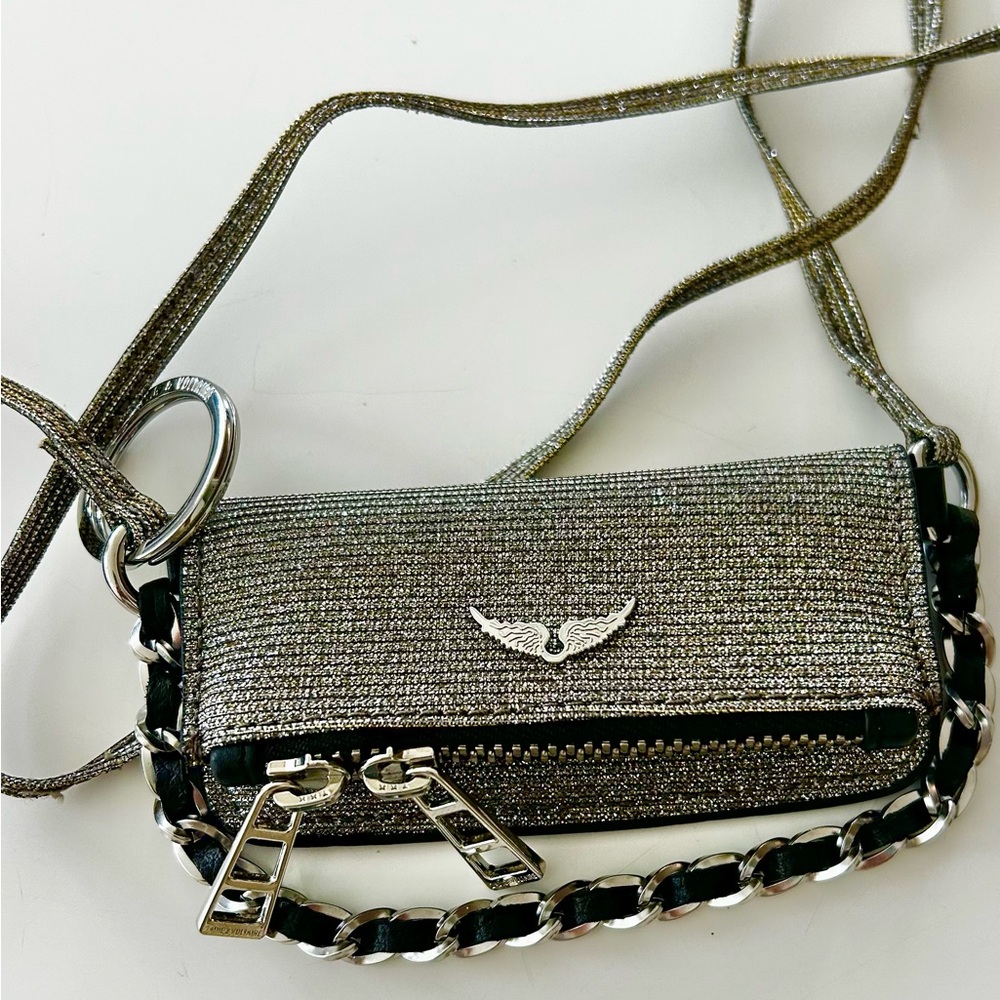 Zadig & Voltaire Metallic Silver Glitter Chain Crossbody Clutch
